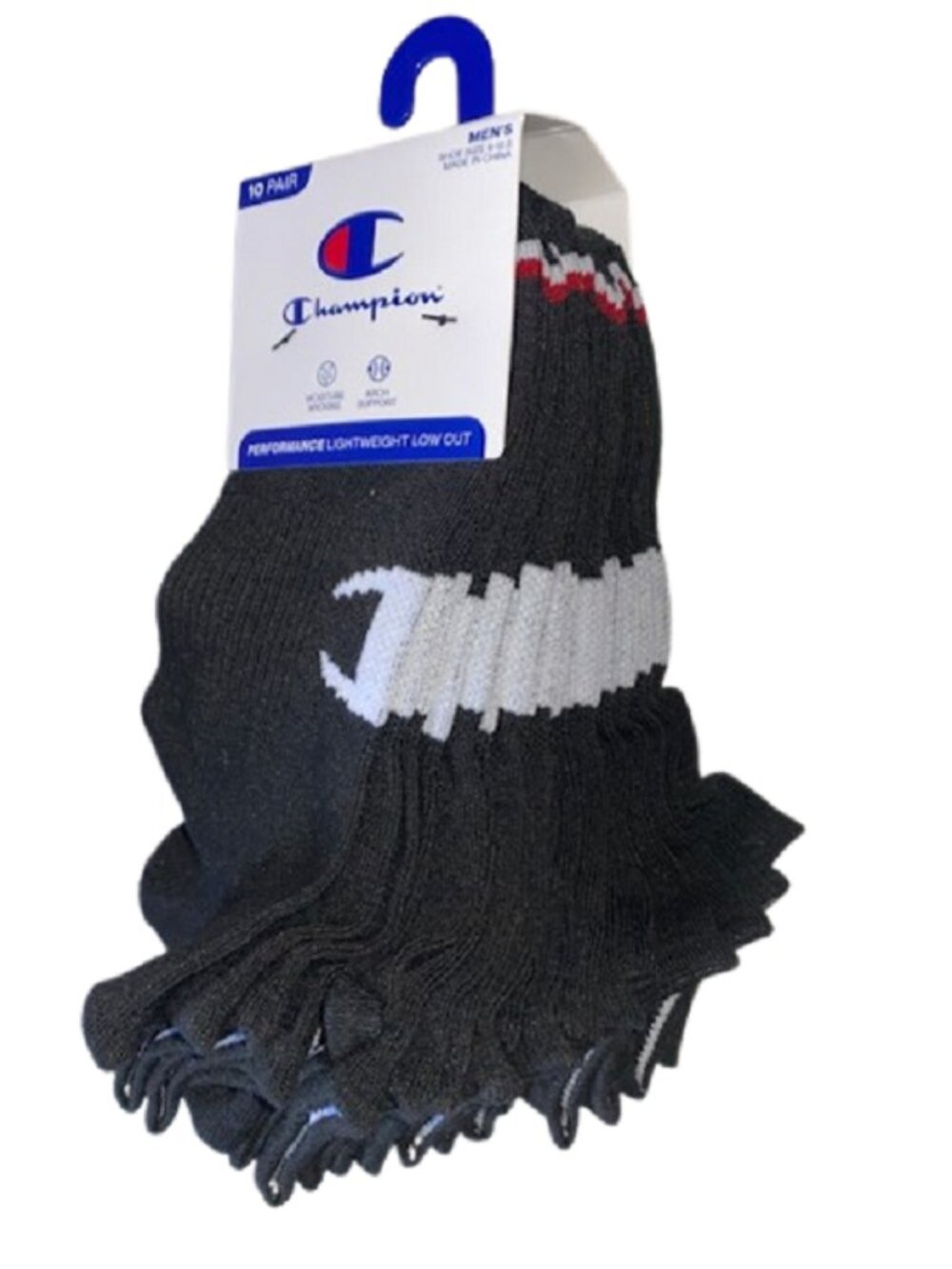 Champion 10 Pair Performance Lightweight Low Cut Black Socks, Shoe Size 6-12.5